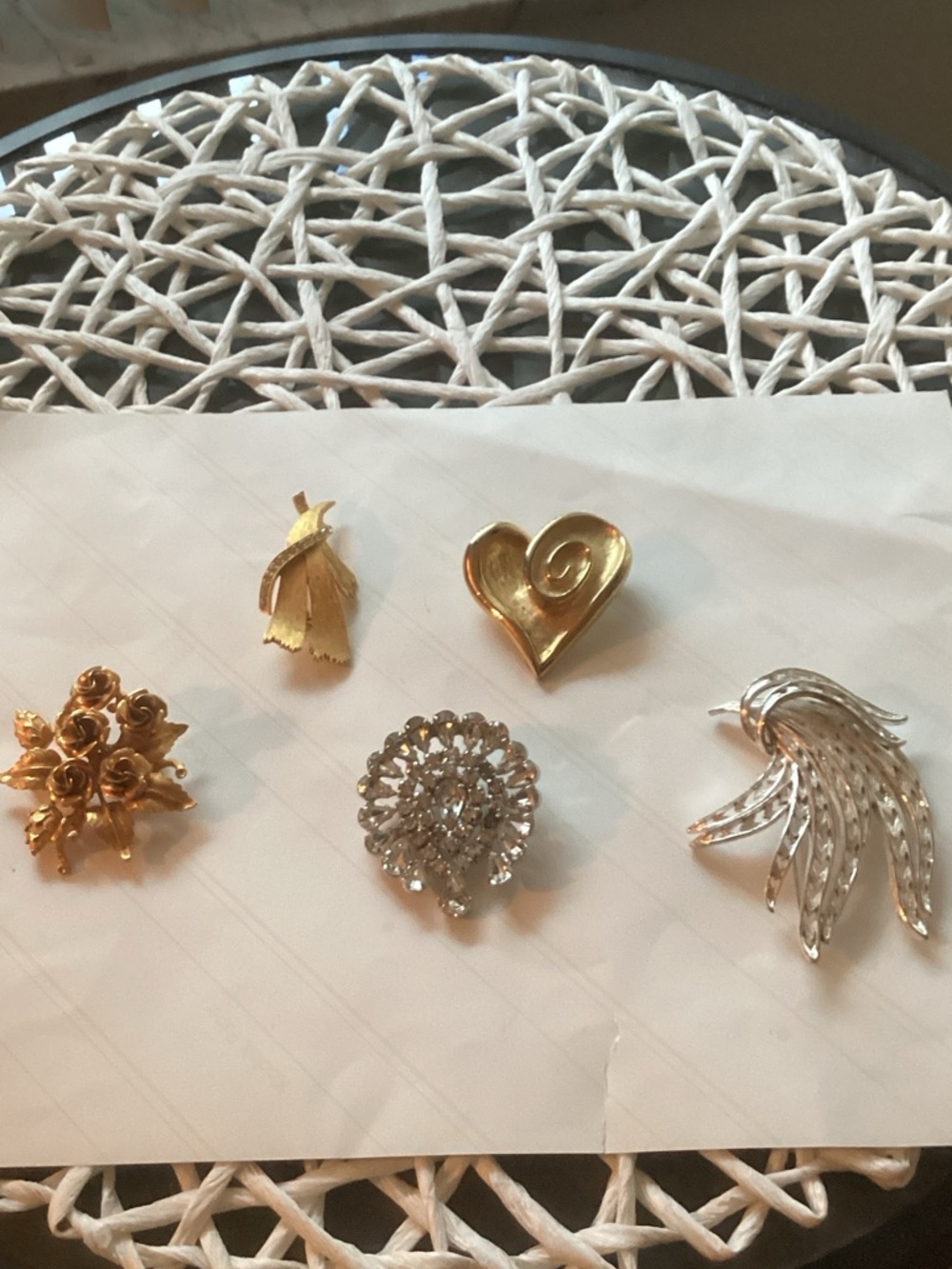 Vintage Gold and Silver Brooch Set - Mixed Metal Floral and Heart Pins